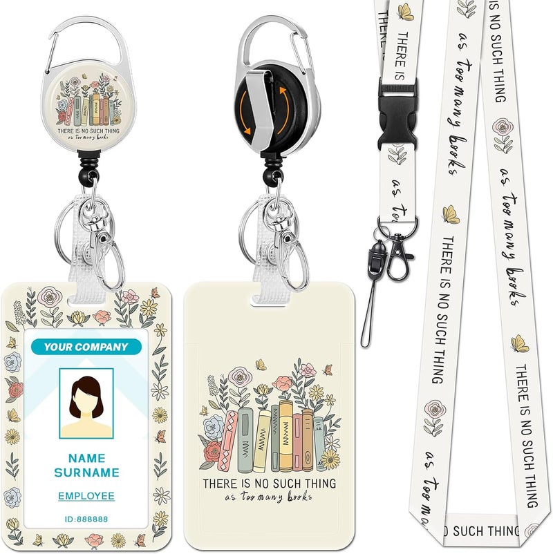 Hancynir Book Lover Lanyards for Id Badges, Cute Floral Teacher Badge Holder with Retractable Reel Clip, Work Name Tags Keychain Lanyard with ID Holder, Card Protector for Women Nurse Office Gifts - Image 1